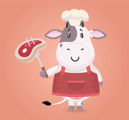 Funny cartoon butcher shop mascot. Happy cow chef holding a fork and knife.のイラスト素材