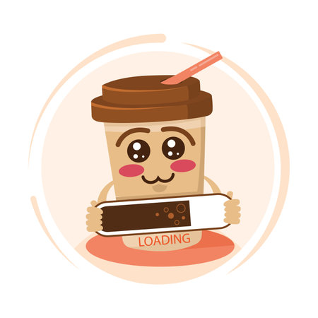 Funny cup of coffee holding an energy loading indicator. Cartoon strong coffee concept. Comic cup of coffee mascot.のイラスト素材