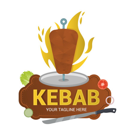 Creative Doner kebab logo element. Shawarma emblem. Turkish fast food restaurant, barbecue cafe or grill bar symbol of skewer or rotating spit with grilled meat.のイラスト素材