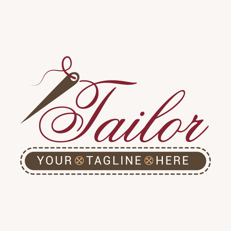 Creative vector tailor logo. Sewing, clothing, needlework and sphere of services. Hand made symbol in trendy line style with lettering. Fashion dress with needle sign.のイラスト素材