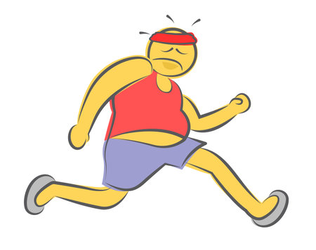 Lazy tired fat athlete is running on marathon. Concept of bad will power. fitness gym illustration.のイラスト素材