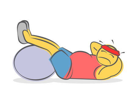 Lazy tired fat athlete is shakes the press with a ball. Concept of bad will power. fitness gym illustration.のイラスト素材