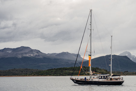 Sailboat sailing the Beagle Channel, Ushuaia, Tierra del Fuegoの写真素材