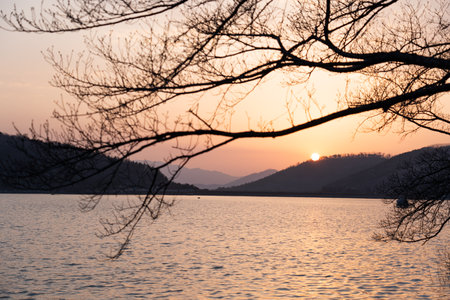 Sunset at Bomun lake, Gyeongju, South Koreaの写真素材