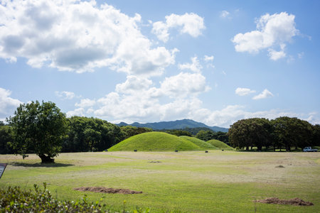 Daereungwon Tomb Complex in a Verdant Landscape in Gyeongju, South Koreaの写真素材