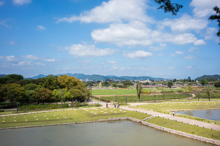 Daereungwon Tomb Complex in a Verdant Landscape in Gyeongju, South Koreaの写真素材