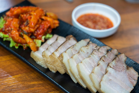 Korean food, steamed pork and vegetables dish called BoSsam. Traditional healthy food in South Korea.の写真素材