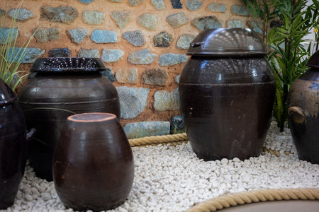 Korean traditional various shapes of ceramic jars, pots in front of traditional wall