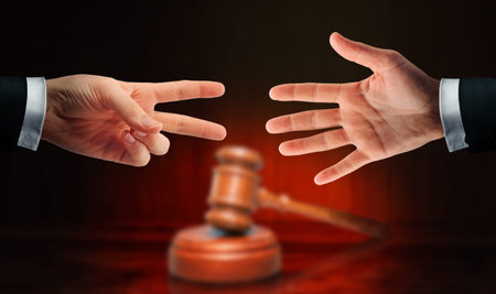 Two lawyers playing rock paper scissors game. Trial court battle theme concept.