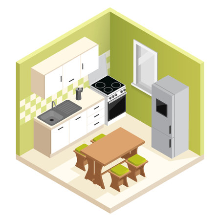 Isometric room interior design. Miniature apartment kitchen vector illustrationのイラスト素材
