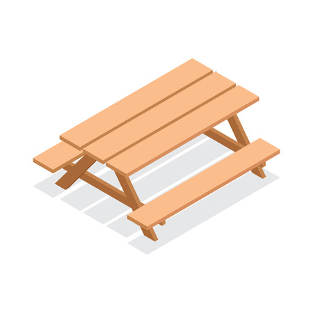 Isometric street wooden table with benches. 3d vector outdoor furniture iconのイラスト素材