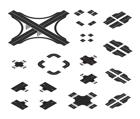 Isometric road map kit. Construction road elements with different markings, including elevated road, crossways and turnsのイラスト素材