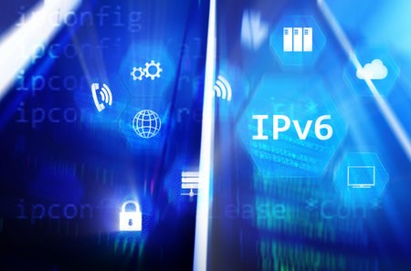 Ipv6 network technology concept on server room background.