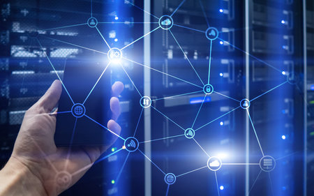 Telecommunication concept with abstract network structure and server room background. 
