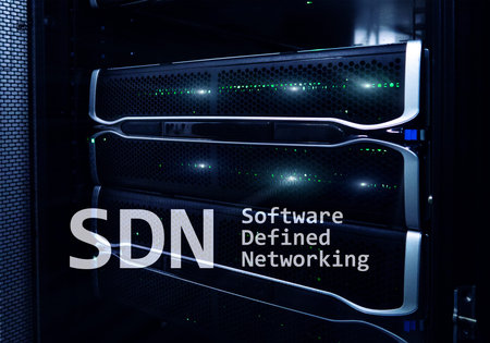 SDN, Software defined networking concept on modern server room background. 