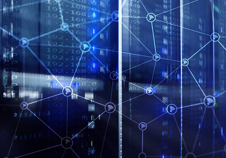 Wi fi network abstract structure on modern server room background.
