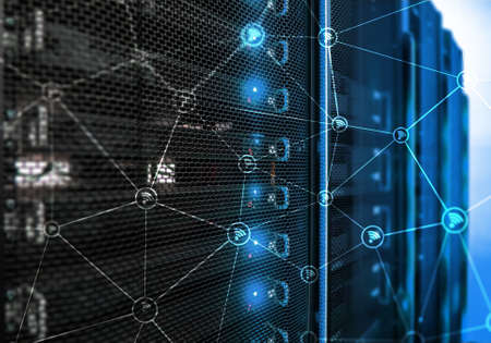 Wi fi network abstract structure on modern server room background.の写真素材