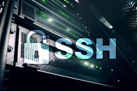 SSH - Secure shell network internet connection. Server room on background.の写真素材