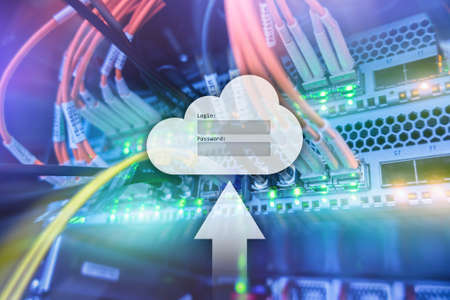 Cloud storage, data access, login and password request window on server room background. Internet and technology concept. の写真素材