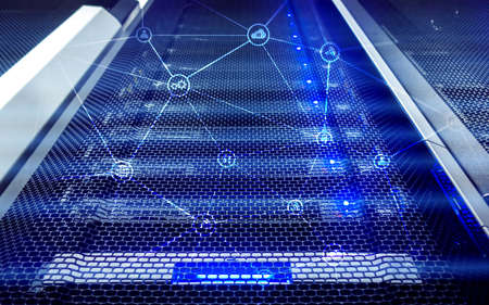 Telecommunication concept with abstract network structure and server room background. の写真素材
