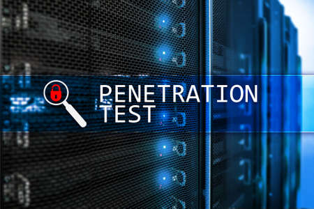 Penetration test. Cybersecurity and data protection. Hacker attack prevention. Futuristic  server room on background. の写真素材