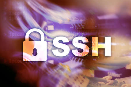 SSH - Secure shell network internet connection. Server room on background.の写真素材