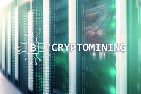 Cryptocurrency mining concept on server room background. の写真素材