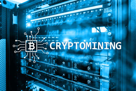 Cryptocurrency mining concept on server room background. の写真素材