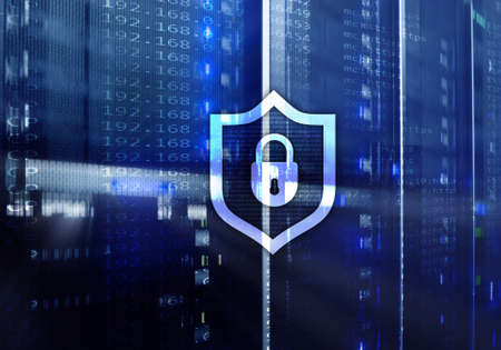 Cyber protection shield icon on server room background. Information Security and virus detection.の写真素材
