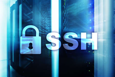 SSH - Secure shell network internet connection. Server room on background.