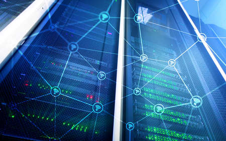 Wi fi network abstract structure on modern server room background. の写真素材