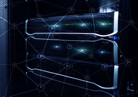 Wi fi network abstract structure on modern server room background.の写真素材