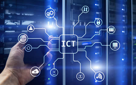 ICT - information and communications technology concept on server room background.の写真素材