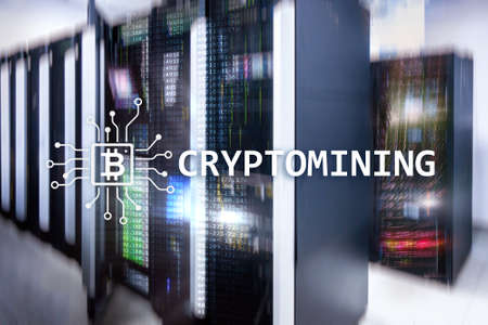 Cryptocurrency mining concept on server room background.の写真素材
