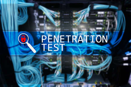 Penetration test. Cybersecurity and data protection. Hacker attack prevention. Futuristic  server room on background.の写真素材