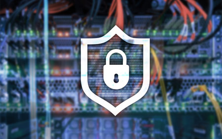 Cyber protection shield icon on server room background. Information Security and virus detection.