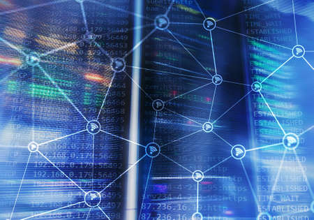 Wi fi network abstract structure on modern server room background.の写真素材