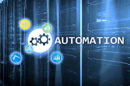 Automation of business Process and innovation technology in manufacturing. Internet and technology concept on server room background.の写真素材