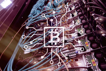 Bitcoin, Blockchain concept on server room background.の写真素材