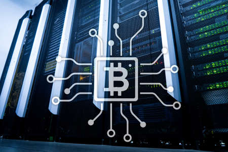 Bitcoin, Blockchain concept on server room background.の写真素材