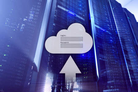 Cloud storage, data access, login and password request window on server room background. Internet and technology concept.の写真素材