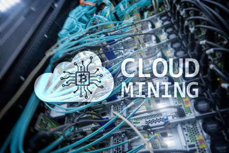 Cloud computing, data or cryptocurrency (Bitcoin, Ethereum) mining in data center. Server room background.の写真素材