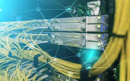Telecommunication concept with abstract network structure and server room background.の写真素材