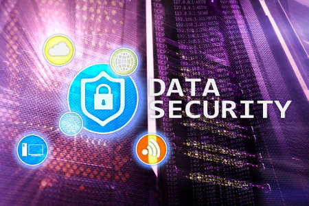 Data security, cyber crime prevention, Digital information protection. Lock icons and server room background.の写真素材