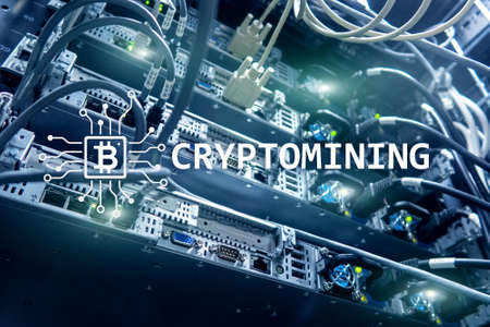 Cryptocurrency mining concept on server room background.の写真素材