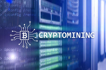 Cryptocurrency mining concept on server room background.の写真素材