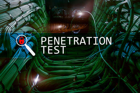 Penetration test. Cybersecurity and data protection. Hacker attack prevention. Futuristic  server room on background.の写真素材