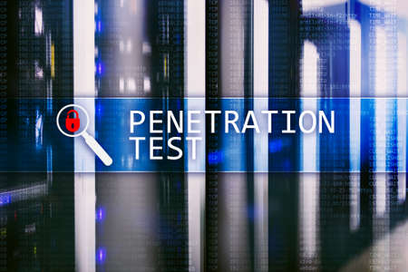 Penetration test. Cybersecurity and data protection. Hacker attack prevention. Futuristic  server room on background.の写真素材