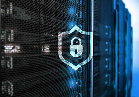 Cyber protection shield icon on server room background. Information Security and virus detection.の写真素材