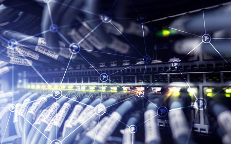 Wi fi network abstract structure on modern server room background.の写真素材